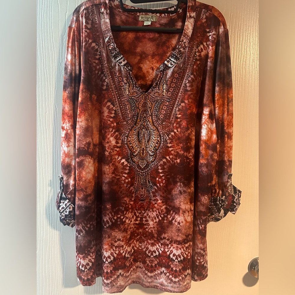 ONE WORLD Rust and Orange Boho Embroidered V-Neck Tunic